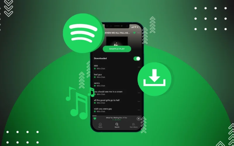Mobile phone displaying the Spotify app interface with music playlist and download icon.
