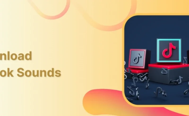 Graphic featuring TikTok logo with music notes and download icons on a colorful background.
