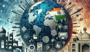 "India's Tech Regulation Model: A government official discussing innovative tech policies at a conference, symbolizing India's evolving approach to digital governance and its implications for global standards."