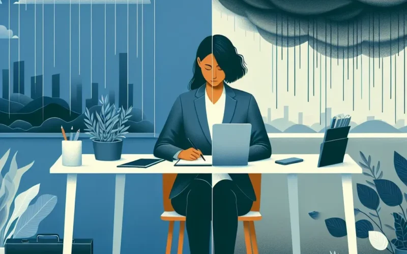 Illustration of a woman working at a desk, with a split scene showing contrasting weather conditions.