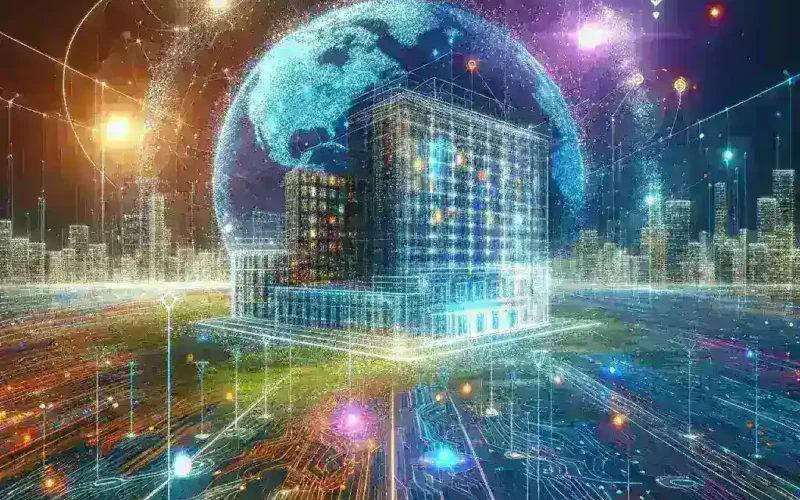 "High-tech real estate API interface on a digital screen, showcasing property data analytics and market intelligence tools, illustrating the transformation in property technology."