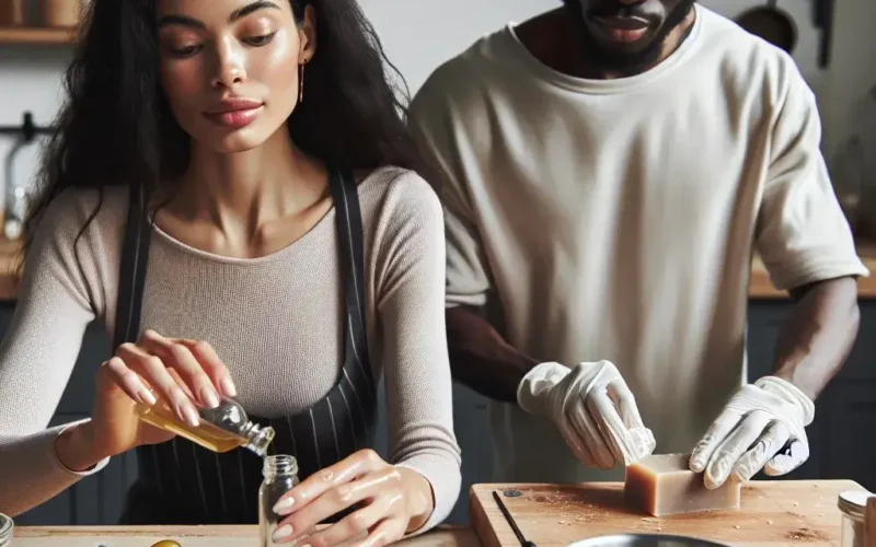 A woman pouring oil from a bottle while a man cuts ingredients on a wooden board in a kitchen setting.