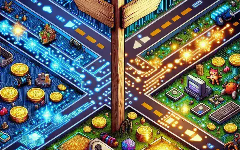 An illustration featuring a wooden signpost at the intersection of digital gaming and cryptocurrency themes.
