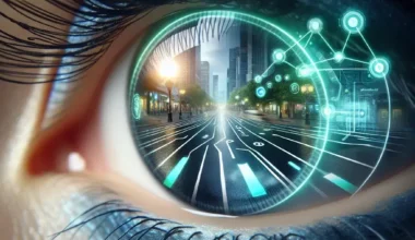 "Samsung smart contact lenses for augmented reality navigation displayed on a futuristic blue background, showcasing innovative AR technology for intuitive navigation solutions."