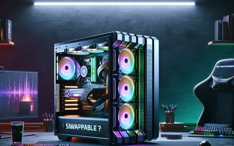 A gaming PC with RGB lighting and a transparent case, placed on a desk with a keyboard and chair in a dimly lit room.