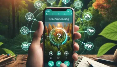 Hand holding a smartphone showing a non-branding interface with nature-themed icons and a forest background.