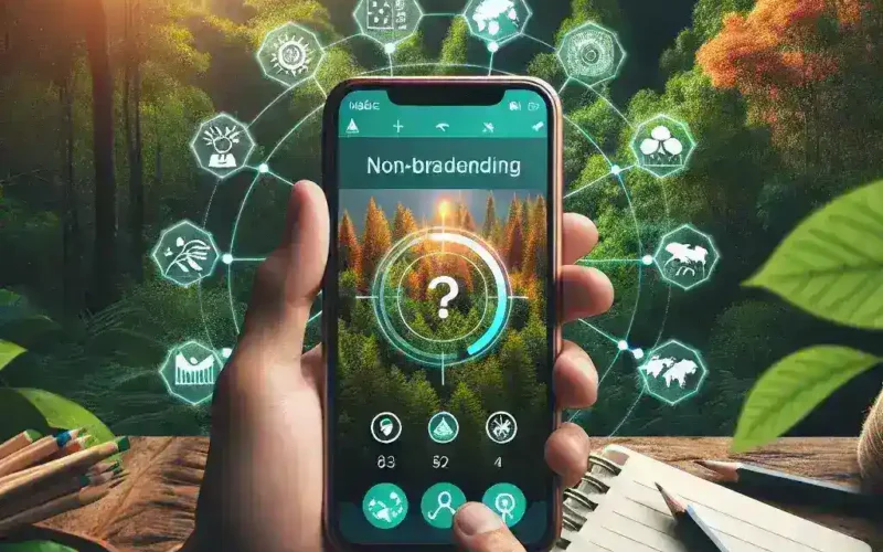 Hand holding a smartphone showing a non-branding interface with nature-themed icons and a forest background.