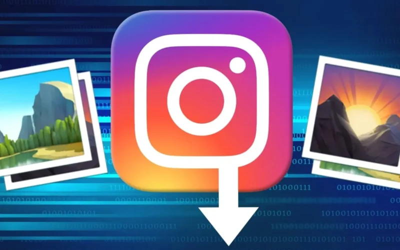 Instagram logo displayed with a download icon and surrounding images of landscapes.