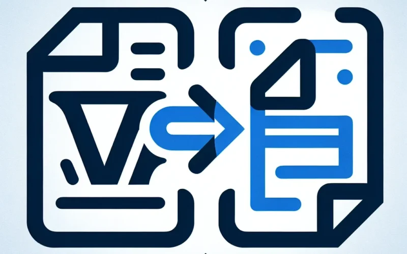 Graphic representation of document conversion with arrows indicating transformation between two document types.
