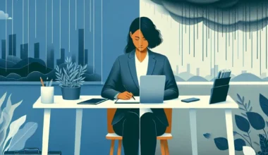 A professional woman seated at a desk, working on a laptop in a split scene of contrasting weather conditions.