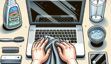 Hands cleaning a laptop with a cloth, surrounded by cleaning supplies like vinegar spray, a toothbrush, and a water bottle.