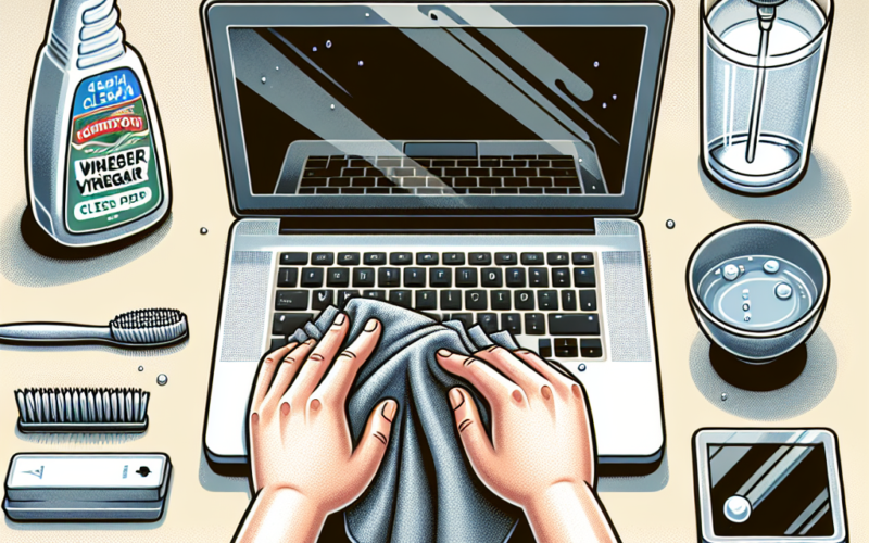 Hands cleaning a laptop with a cloth, surrounded by cleaning supplies like vinegar spray, a toothbrush, and a water bottle.