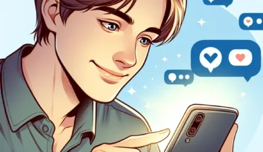 Young man with light brown hair interacting with a smartphone, surrounded by social media icons.