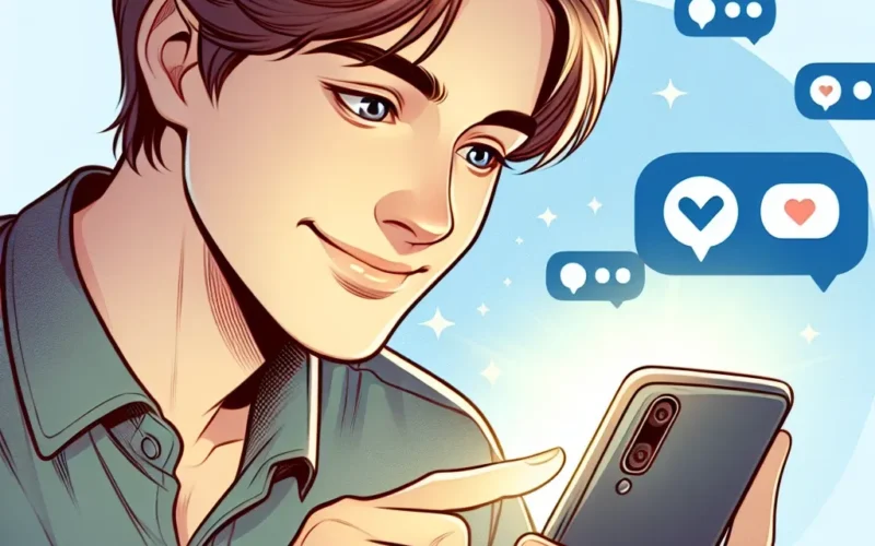 Young man with light brown hair interacting with a smartphone, surrounded by social media icons.