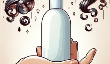 A hand holding a white bottle of hair product with flowing black hair in the background.