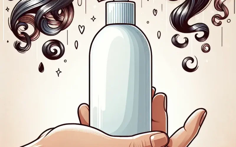 A hand holding a white bottle of hair product with flowing black hair in the background.