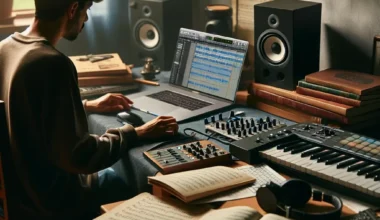 Individual working on music production using a laptop and audio equipment in a home studio environment.