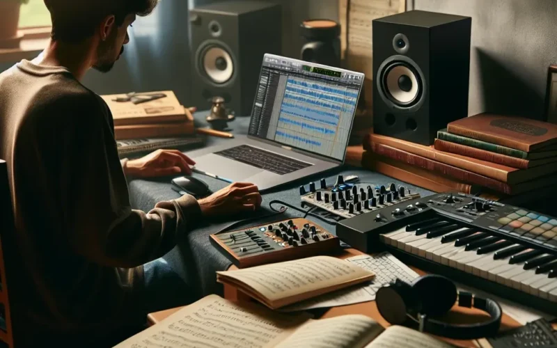 Individual working on music production using a laptop and audio equipment in a home studio environment.