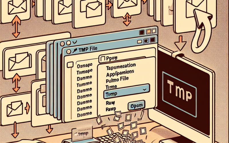 Illustration of a computer screen displaying file management options with email icons and documents.
