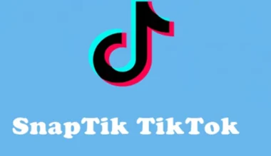 Logo of SnapTik with TikTok branding in a colorful design on a blue background.