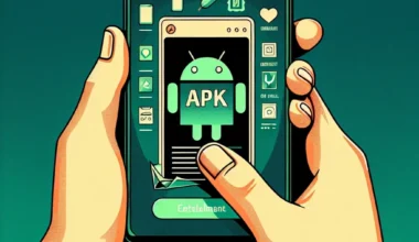 Hands holding a smartphone showing an APK installation screen with an Android logo and various app icons.