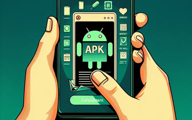 Hands holding a smartphone showing an APK installation screen with an Android logo and various app icons.