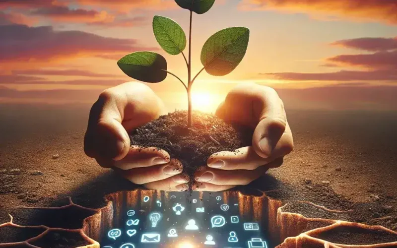 Hands holding a small plant with green leaves, emerging from cracked ground with digital icons below.