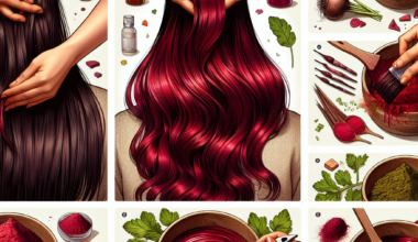 Illustration depicting the steps of hair coloring using natural ingredients like beetroot and herbs.