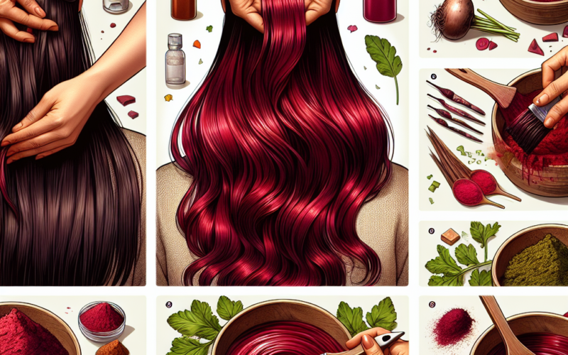 Illustration depicting the steps of hair coloring using natural ingredients like beetroot and herbs.