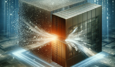 3D representation of a data cube with binary code and digital effects illustrating data processing.