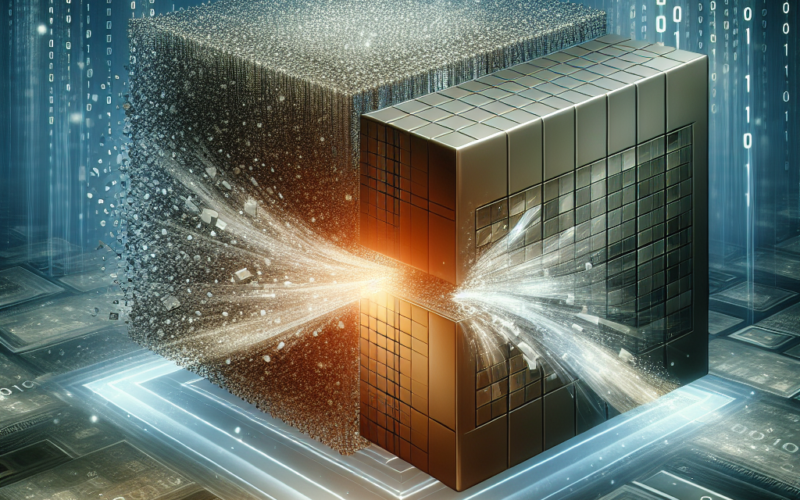 3D representation of a data cube with binary code and digital effects illustrating data processing.