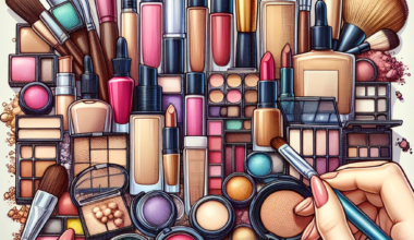 An assortment of makeup products including lipsticks, foundations, and brushes arranged on a surface.