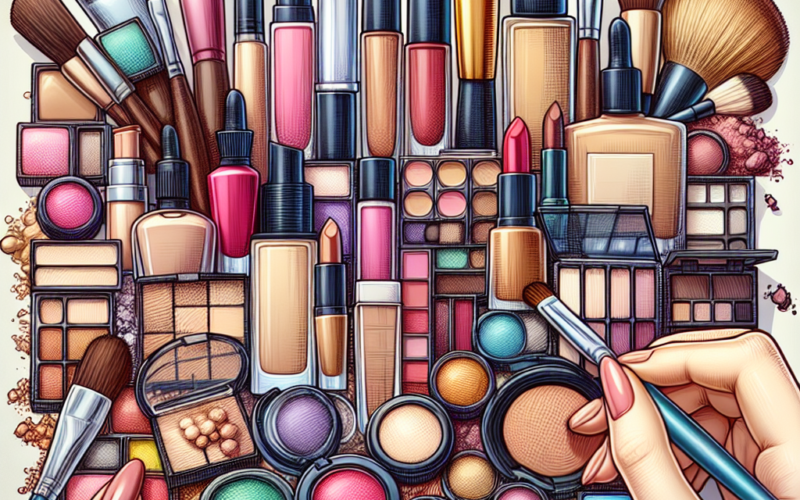 An assortment of makeup products including lipsticks, foundations, and brushes arranged on a surface.