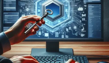 Person holding a key while using a computer with digital security graphics on the screen.