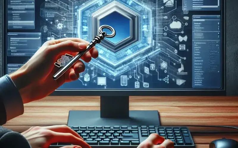 Person holding a key while using a computer with digital security graphics on the screen.