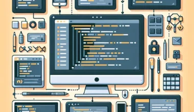 Digital illustration featuring various coding devices and tools, including a desktop and laptop computer with code displayed.