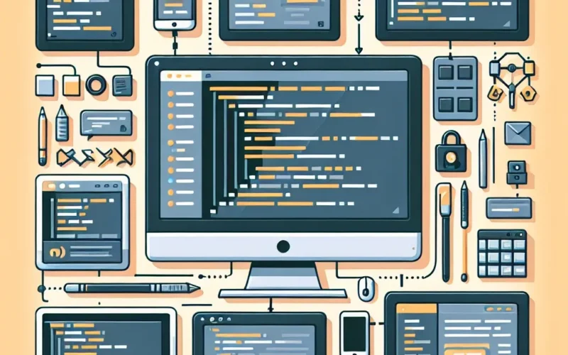 Digital illustration featuring various coding devices and tools, including a desktop and laptop computer with code displayed.
