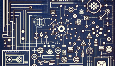 Graphic representation of a digital circuit board featuring gaming icons and symbols in a structured layout.