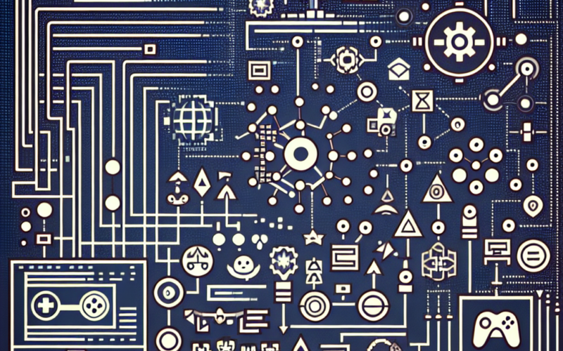 Graphic representation of a digital circuit board featuring gaming icons and symbols in a structured layout.