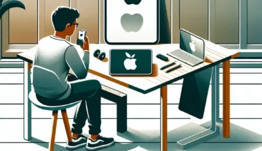 Individual sitting at a desk using a smartphone, surrounded by Apple devices including a tablet and laptop.