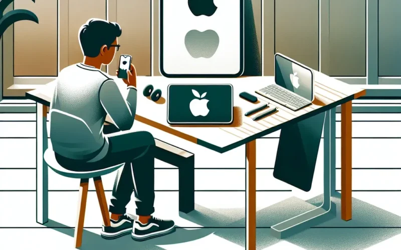 Individual sitting at a desk using a smartphone, surrounded by Apple devices including a tablet and laptop.