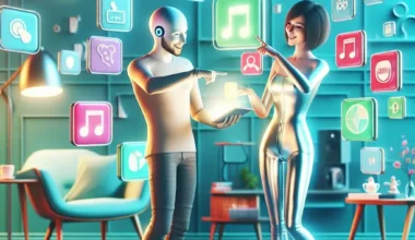 Two stylized characters interacting with floating digital icons in a modern indoor setting.