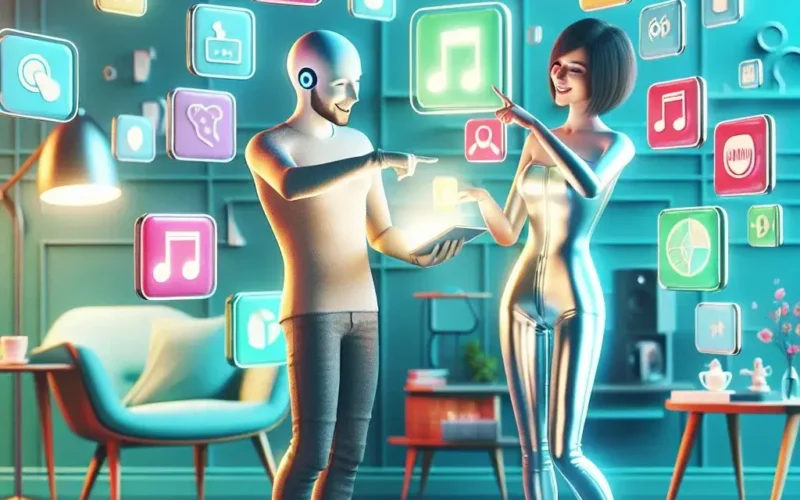 Two stylized characters interacting with floating digital icons in a modern indoor setting.