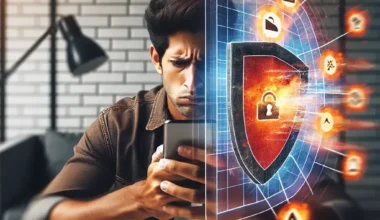 A man looking concerned while using a tablet, with cybersecurity graphics displayed around him.