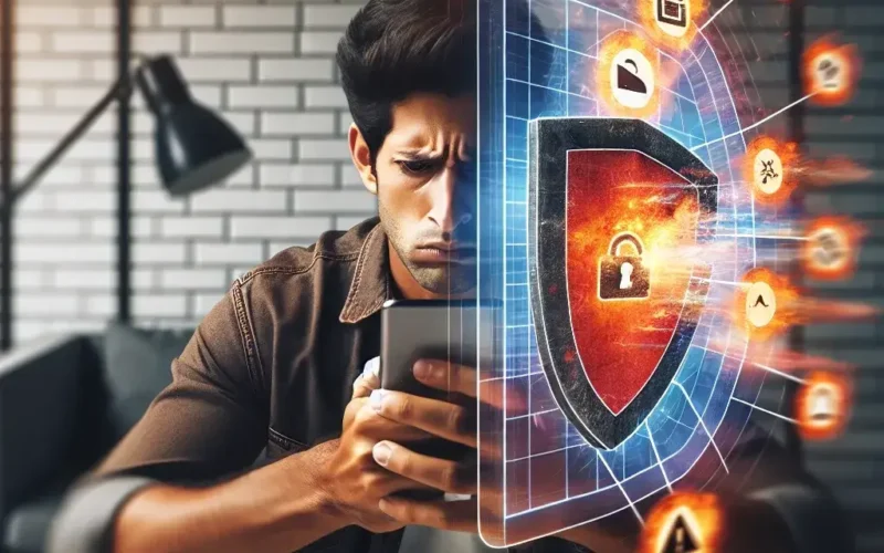 A man looking concerned while using a tablet, with cybersecurity graphics displayed around him.