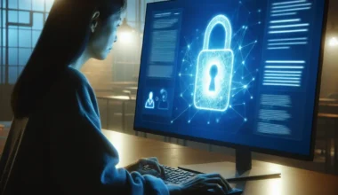 Woman sitting at a desk using a computer displaying a digital padlock symbol representing cybersecurity.