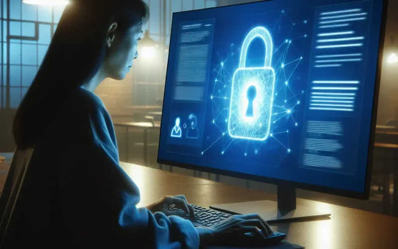 Woman sitting at a desk using a computer displaying a digital padlock symbol representing cybersecurity.