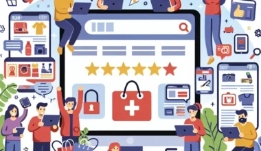 Illustration depicting various people interacting with devices related to e-commerce and online shopping.