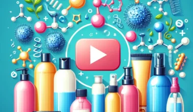 A variety of cosmetic and skincare products displayed with scientific elements in the background.