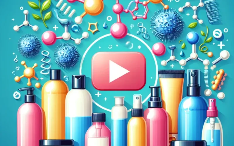 A variety of cosmetic and skincare products displayed with scientific elements in the background.